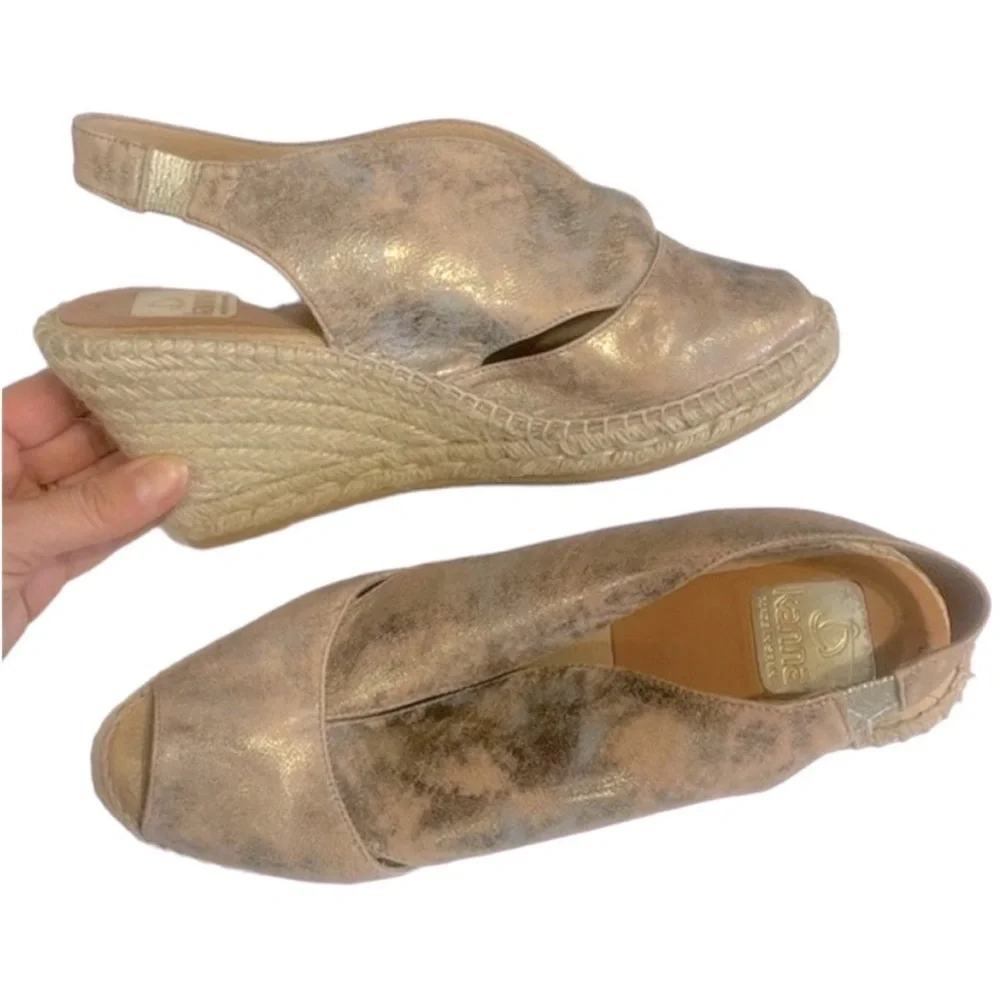 KANNA Wedge Sandals Leather Gold Tan Espadrille‎  Slingback Size 9.5 Platform